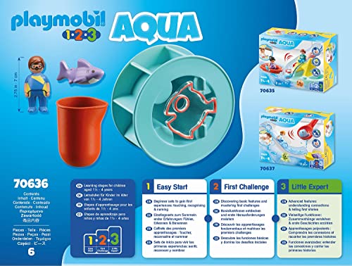 PLAYMOBIL 1,2,3 Aqua 70636 Rueda de Agua con bebé tiburón, Juguete de baño para niños pequeños, con tiburón Que Flota, Primer Juguete para niños a Partir de 18 Meses