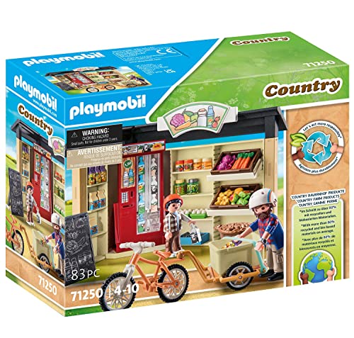 PLAYMOBIL Country 71250 Tienda de Granja 24 Horas, Bicicleta con Remolque, Tienda de Alimentos de Granja ecológica, Juguete sostenible para niños a Partir de 4 años