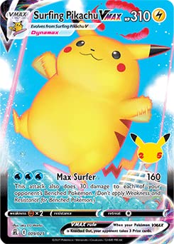 Pokemon Celebrations Surfing Pikachu VMAX, 25 aniversario, arte completo Rare Holo VMAX + tarjeta sorpresa