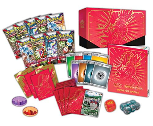 Pokémon - Juego de cartas coleccionables Top Trainer Box Crimson & Purple (Koraidon) (9 paquetes de refuerzo y accesorios premium), versión alemana