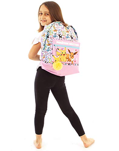 Pokemon Mochila escolar rosa con purpurina de para niñas | Diseño de Eevee Besties con llavero de pompón de Pikachu | Una mochila de ensueño para diversión sin fin en la escuela y más allá