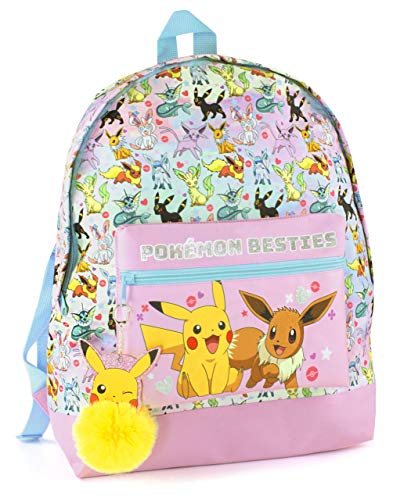 Pokemon Mochila escolar rosa con purpurina de para niñas | Diseño de Eevee Besties con llavero de pompón de Pikachu | Una mochila de ensueño para diversión sin fin en la escuela y más allá