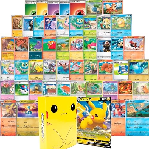 Pokémon Pikachu Cartas Rare o Superior Garantizadas (Pikachu V, VMAX, Holo Rare) en Caja de Pokémon Temática Pikachu + (50) Pack de Cartas TCG de Pokémon Ideal para Calendario de adviento