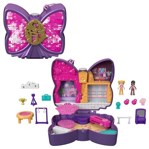 Polly Pocket Escenario brillante Cofre con forma de lazo con muñecas y accesorios, juguete +4 años (Mattel HCG17)