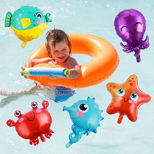 Prasacco 5 globos de animales marinos, decoraciones de fiesta bajo el mar, globos de agua, caballito de mar, estrella de mar, inflado, pez, cangrejo, pulpo, globo para cumpleaños bajo el mar,