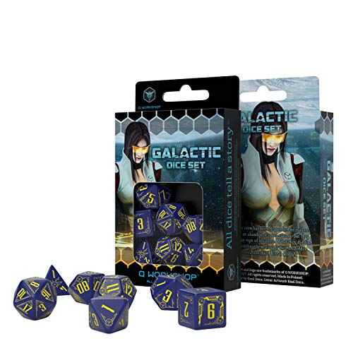 Q WORKSHOP Galactic Navy & Yellow RPG Ornamented Dice Set 7 Polyhedral Pieces