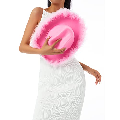 Qtinghua Sombrero de vaquero blanco y rosa para mujer, ribete de plumas esponjosas, disfraz de Halloween, sombrero de vaquera para cosplay, fiesta, juego de rol, fiesta de cumpleaños (rosa, talla