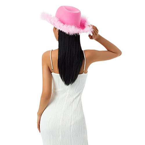 Qtinghua Sombrero de vaquero blanco y rosa para mujer, ribete de plumas esponjosas, disfraz de Halloween, sombrero de vaquera para cosplay, fiesta, juego de rol, fiesta de cumpleaños (rosa, talla