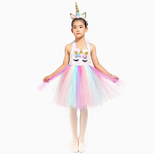 Rabtero Ropa de unicornio infantil, vestido de lujo princesa unicornio infantil, falda corta de ballet unicornio rosa, cinturón de cabeza y alas de niña 8-9 años