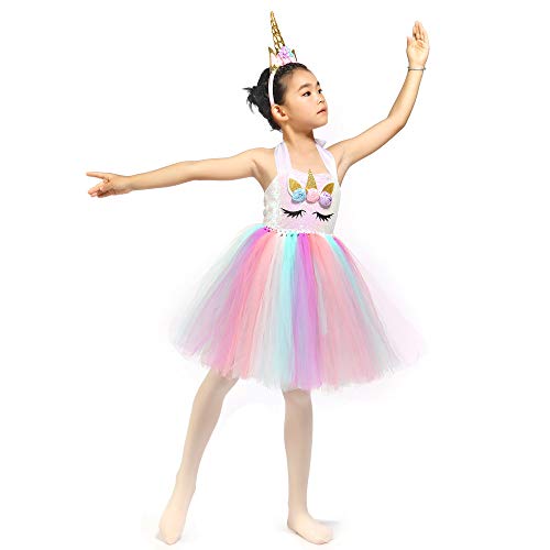 Rabtero Ropa de unicornio infantil, vestido de lujo princesa unicornio infantil, falda corta de ballet unicornio rosa, cinturón de cabeza y alas de niña 8-9 años