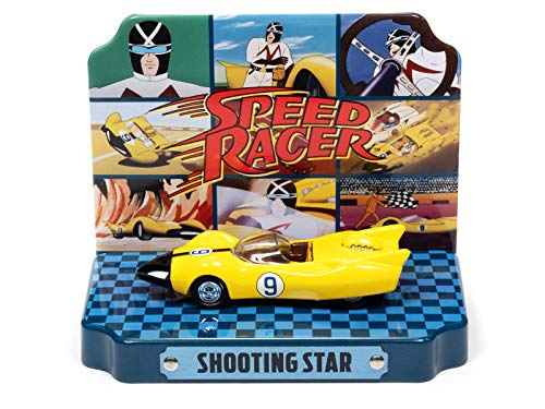 Racer X Shooting Star #9 amarillo con exhibición de lata coleccionable Speed Racer 1/64 modelo fundido a troquel por Johnny Lightning JLDR015-JLSP121