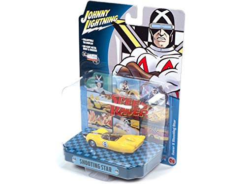 Racer X Shooting Star #9 amarillo con exhibición de lata coleccionable Speed Racer 1/64 modelo fundido a troquel por Johnny Lightning JLDR015-JLSP121