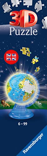 Ravensburger - 3D Puzzle Globo Night Edition, Globo con Luces, Aprender Geografía en Inglés, 180 Piezas, 6+ Años