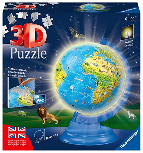 Ravensburger - 3D Puzzle Globo Night Edition, Globo con Luces, Aprender Geografía en Inglés, 180 Piezas, 6+ Años
