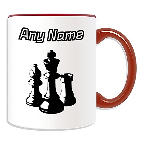 Regalo personalizado – Taza blanca negra de ajedrez (tema de diseño deportivo y de pasatiempo, opciones de color), cualquier nombremensaje en su único, juego de tablero de ajedrez King Rook Queen