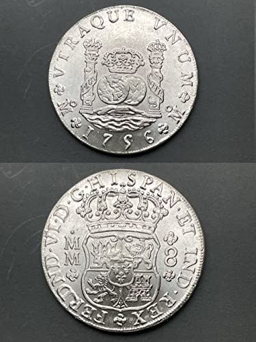 Réplica de moneda histórica: México 8 Reales Fernando VI 1756 MM. Fabricado en latón y chapado en plata.