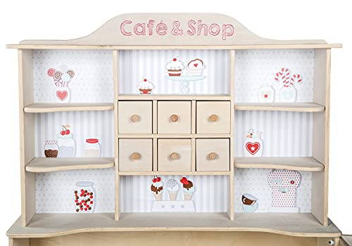 roba Tienda de Juguete Café y Shop para Niños y Niñas de 3 Años - 8 Compartimentos, 6 Cajones y 2 Mostradores - Fácil de Montar - Madera Natural / Diseño de Helado
