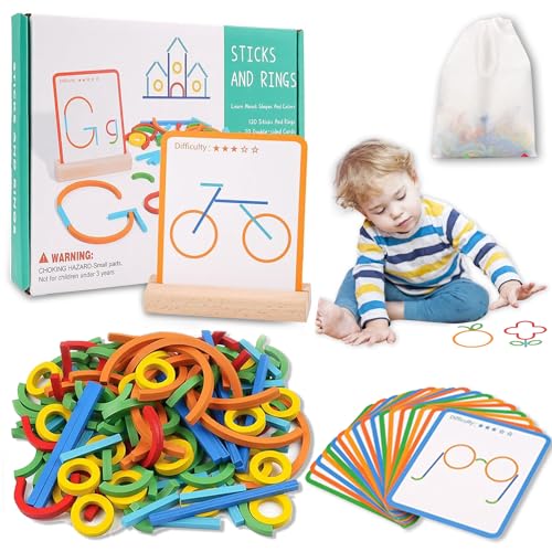 Rompecabezas de Montessori Juguete, Puzzles de Madera Educativos, 120 Piezas Palitos de Colores y Anillos con Tarjetas, Montessori Puzzle de Madera Regalo de Aprendizaje para Niños Niñas