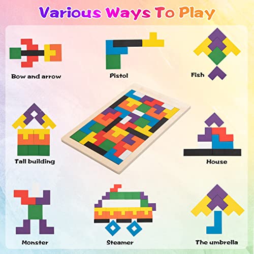 Rompecabezas de Tangram, 2 pcs Puzzle Tetris de Madera, Montessori Bloque de Forma Tangram, Juego de Cerebro Regalo Educativo para Niños y Niñas 3 4 5 6 años, Rectángulo Hexagonales