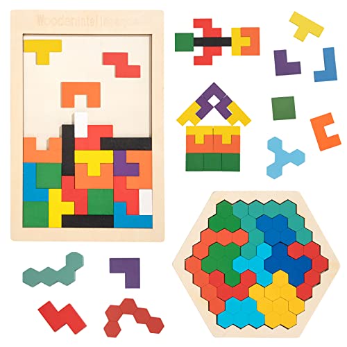 Rompecabezas de Tangram, 2 pcs Puzzle Tetris de Madera, Montessori Bloque de Forma Tangram, Juego de Cerebro Regalo Educativo para Niños y Niñas 3 4 5 6 años, Rectángulo Hexagonales