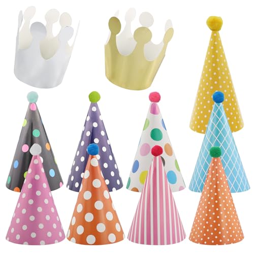 RONGWANGFU 11 sombreros de fiesta de cumpleaños con pompones, sombreros de fiesta, gorros de cono, sombrero de cumpleaños, corona de cumpleaños para niños, decoración para cumpleaños infantiles, 26 ×