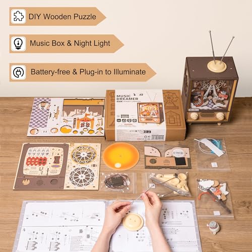 ROWOOD Puzzle 3D para Caja Musica | Maquetas Construir Madera Parque de Atraccione con Luces LED | Regalos para Adultos y Adolescente