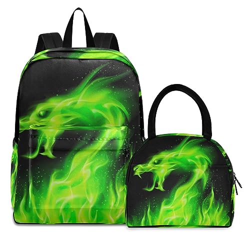 RPLIFE Juego de mochilas para niños con diseño de dragón de fuego verde brillante, impermeable, mochila escolar para niñas, mochila para niñas con lonchera, Dragón de fuego verde brillante, Talla