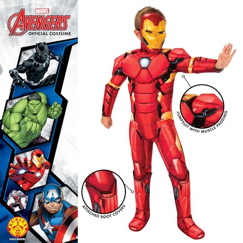 Rubies Disfraz Iron Man Deluxe para niños, Jumpsuit con pecho acolchado, cubrebotas y máscara, Oficial Marvel para Carnaval, Navidad, Cumpleaños, Fiestas y Halloween.