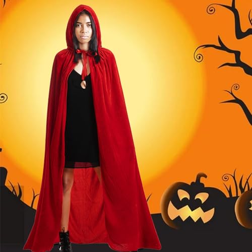 SHAFIER Largo Capa Vampiro Diablo con Capucha Terciopelo Disfraz de Halloween para Mujeres Hombres Carnaval Fiesta Disfraces (Rojo, 135 CM)