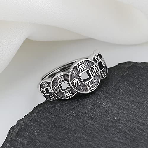SHANHUHAI Juego de 3 anillos de elementos chinos que incluyen nubes auspiciosas, monedas de cobre de cinco emperadores, Taotie, anillos con anillos de gran tamaño, anillos vintage