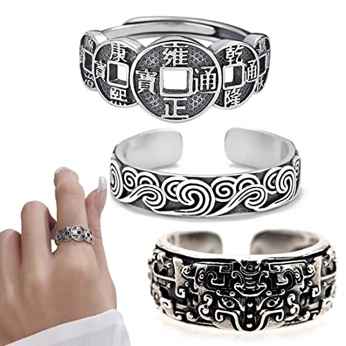SHANHUHAI Juego de 3 anillos de elementos chinos que incluyen nubes auspiciosas, monedas de cobre de cinco emperadores, Taotie, anillos con anillos de gran tamaño, anillos vintage