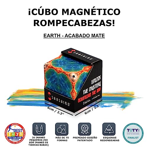 Shashibo Rompecabezas para Niños - Premiado Cubo Magnético Patentado con 36 Imanes de Tierras Raras - Asombroso Rompecabezas 3D – Juguete para Adultos Cubo Shashibo con más de 70 Formas (Earth)