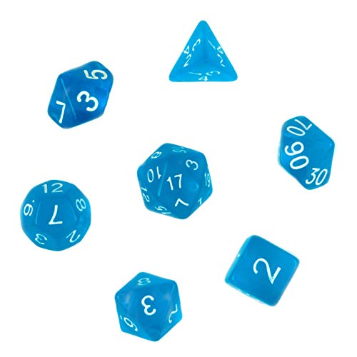 shibby 7 Dados poliedricos para Juegos de rol y Mesa en Color Transparente y Azul con Bolsa