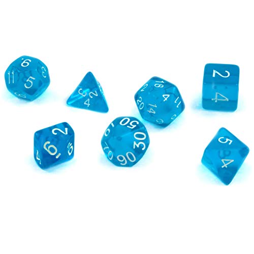 shibby 7 Dados poliedricos para Juegos de rol y Mesa en Color Transparente y Azul con Bolsa