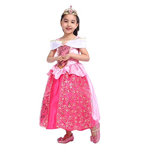 Sincere Party Vestido de princesa Aurora Bella Durmiente para niñas con tiara, vestido elegante de princesa rosa 3-4 años