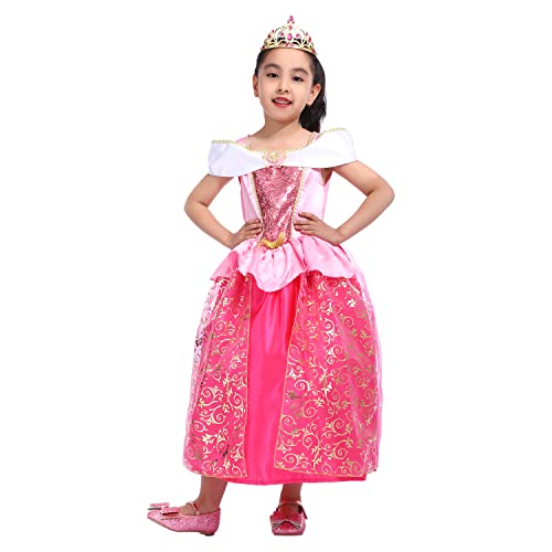 Sincere Party Vestido de princesa Aurora Bella Durmiente para niñas con tiara, vestido elegante de princesa rosa 3-4 años