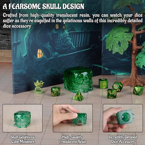 Skull Gelatinous Cube Dice Jail - Soporte y jaula de dados de resina translúcida - Accesorios y regalos perfectos para jugadores de rol de mesa (calavera)