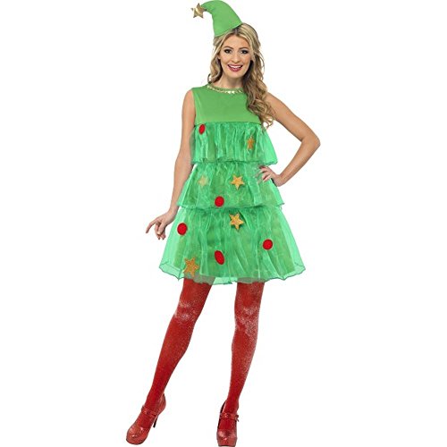 Smiffys-24331L Disfraz de árbol de Navidad, con vestido y gorro, color verde, L-EU Tamaño 44-46 (Smiffy's 24331L)