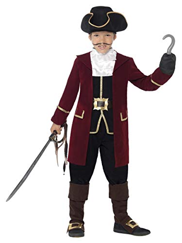 Smiffy'S 43997L Traje De Capitán Pirata De Lujo Con Chaqueta, Falso Chaleco Y Pantalones, Negro, L - Edad 10-12 Años