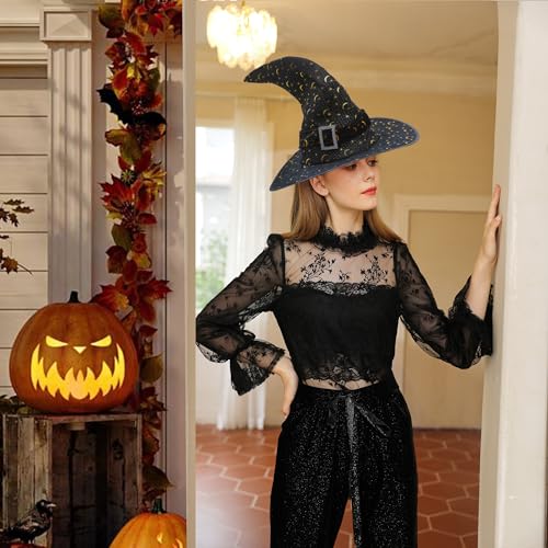 Sombrero de bruja de Halloween para mujer, disfraz de Halloween, sombrero de bruja negro grande con lunas doradas y diamantes de imitación, sombrero de mago de lujo para adultos, accesorios de
