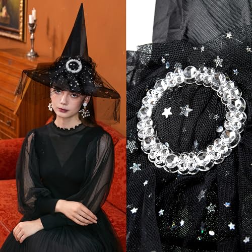 Sombrero de bruja para adultos, disfraz de Halloween para mujer, sombrero de bruja negro con velo negro y lentejuelas para disfraz de bruja para adultos, sombrero de bruja de Halloween, accesorios de