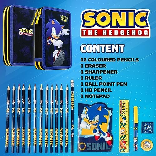 Sonic The Hedgehog Estuche Escolar Niño - Lápices y Rotuladores, Estuche de Lápices Completo. Regalos para Niños