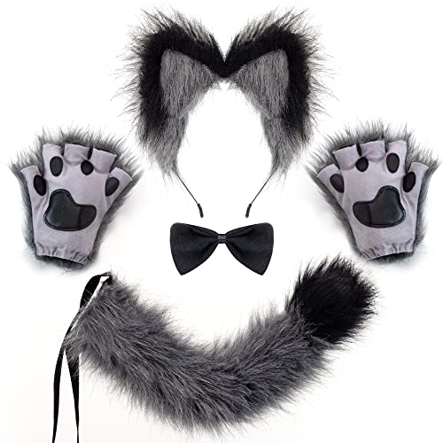 Spooktacular Creations orejas de lobo gris cola y guantes, accesorios de zorro peludo con cola para accesorios de disfraces de fiesta de Halloween