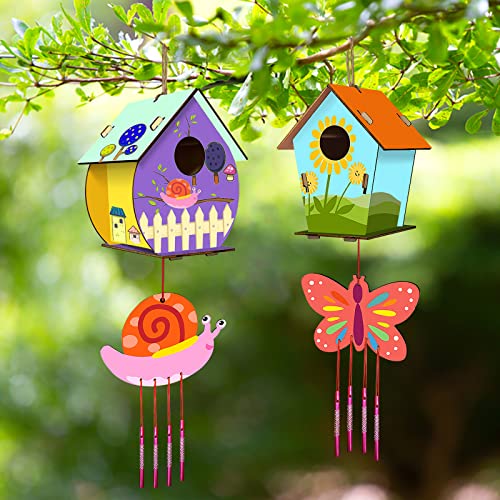 Sterneer Kit de Casa de Pájaros DIY, 2 Juegos de Casa de Pájaros de Madera Sin Pintar, Juego de Casa de Pájaros de Madera con Campanas de Viento para Niños