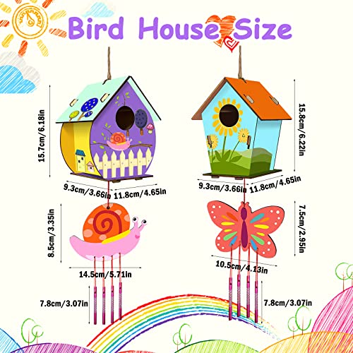 Sterneer Kit de Casa de Pájaros DIY, 2 Juegos de Casa de Pájaros de Madera Sin Pintar, Juego de Casa de Pájaros de Madera con Campanas de Viento para Niños
