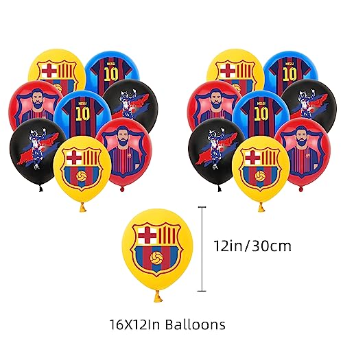 Suministros de fiesta de cumpleaños de Barcelona, tema de fiesta de fútbol Messi incluyendo tapas de pasteles, gorras de cupcakes, banderas, globos de látex, es muy adecuado para suministros de fiesta
