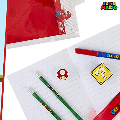 Super Mario Set Papeleria para Niños, Incluye Cuaderno A5 de Mario Bros Goma de Borrar Lapices HB Regla, Material Escolar Oficial, Regalos Para Niños Adolescentes