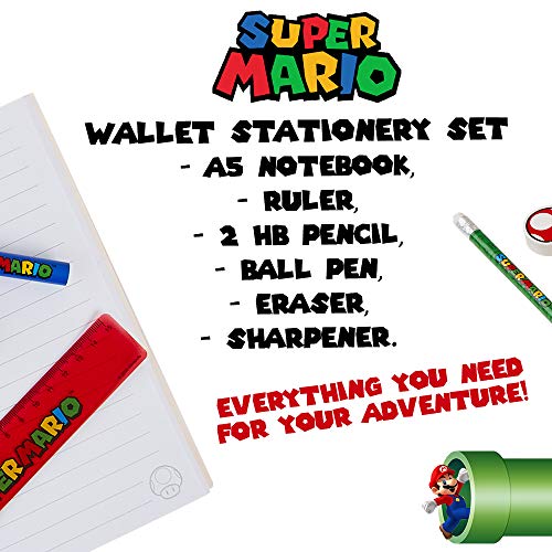 Super Mario Set Papeleria para Niños, Incluye Cuaderno A5 de Mario Bros Goma de Borrar Lapices HB Regla, Material Escolar Oficial, Regalos Para Niños Adolescentes