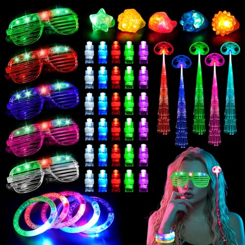 SUPRBIRD 51PCS Juguetes de lluminación LED,Gafas Luminosas LED Gafas de Neón,Anillos Luminosos,Pulseras Luminosas LED,para Fiestas de DJ, Cumpleaños, Raves, Concierto, Navidad, Halloween