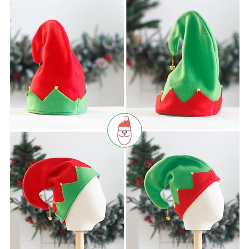Suuwwn Gorro Elfo Navidad Verde y Rojo,4 Pcs Sombrero de Duende de Navidad Jingle Bells Sombrero Festivo de Navidad Gorro de Gorro Disfraz de Navidad para Navidad Suministros de Fiesta de Año Nuevo